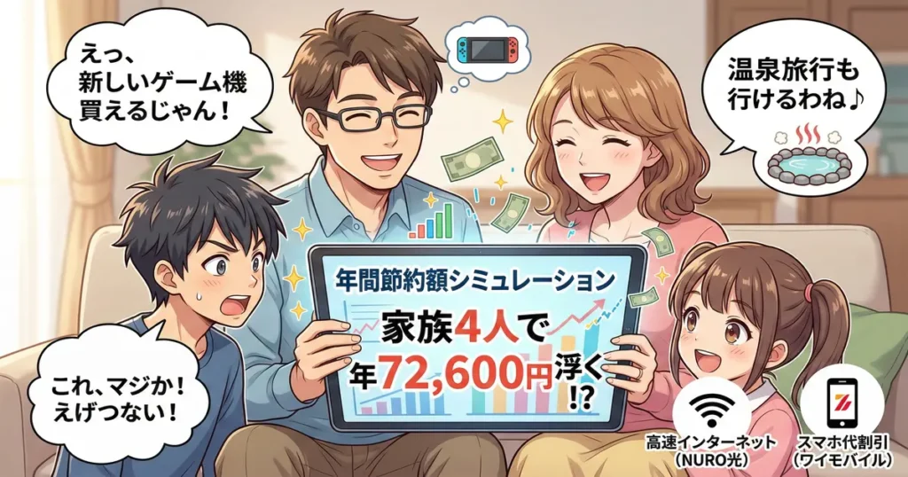 日本のアニメスタイルで描かれた、リビングでソファに座る4人家族のアイキャッチ画像。中央のタブレット画面には「年間節約額シミュレーション 家族4人で年72,600円浮く!?」と表示されており、家族全員が驚き、喜んでいる様子が描かれている。吹き出しには父の「新しいゲーム機買えるじゃん！」、母の「温泉旅行も行けるわね♪」、息子の「これ、マジか！えげつない！」という喜びのセリフとアイコン（ゲーム機、温泉）が描かれている。右下には「高速インターネット (NURO光)」と「スマホ代割引 (ワイモバイル)」のアイコンがある。