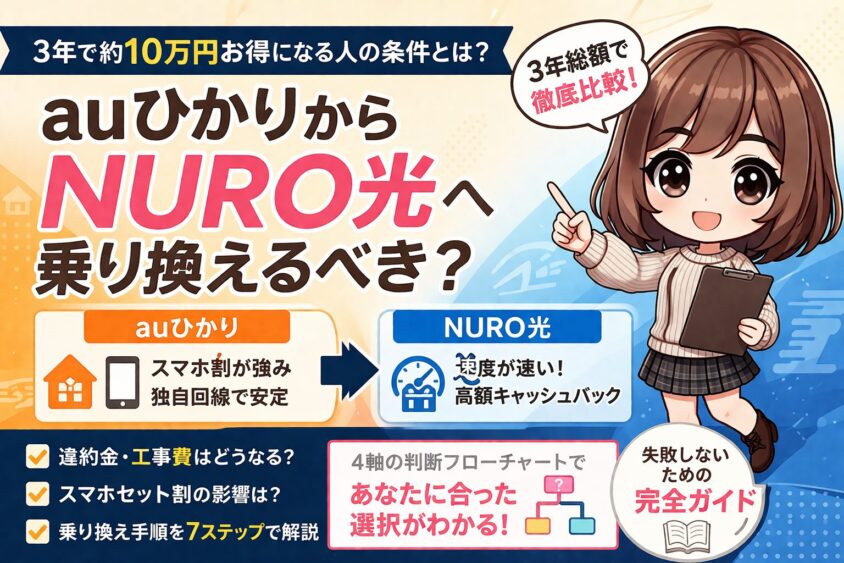 auひかりからNURO光への乗り換え比較ガイド｜3年で約10万円お得になる条件と料金・速度を解説