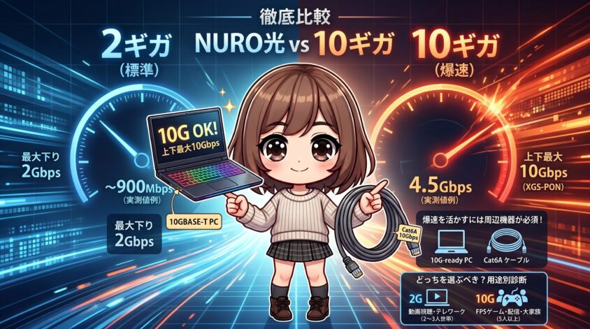 NURO光の2ギガと10ギガプランを比較するアイキャッチ画像。キャラクター「のこのこ」が10G対応PCとLANケーブルを持ち、速度差や利用シーン別の診断を視覚的に解説しているインフォグラフィック。