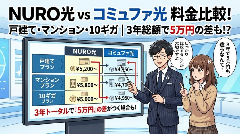 NURO光とコミュファ光料金比較｜戸建て・マンション・10ギガで5万円の差