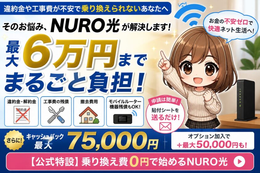 NURO光の乗り換え特典で違約金や工事費を最大6万円負担、さらに最大75,000円キャッシュバックを訴求するアイキャッチ画像