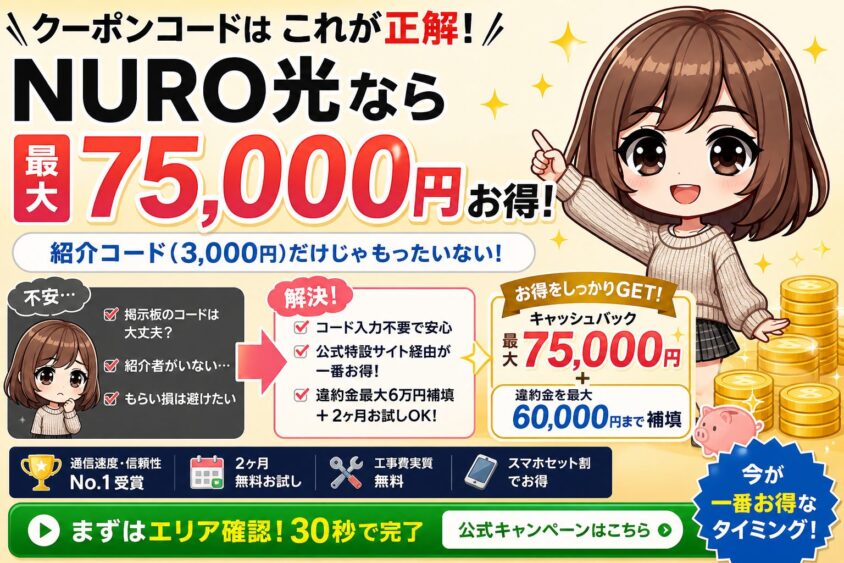 NURO光のクーポン比較で最大75000円キャッシュバックがもらえることを解説するアイキャッチ画像