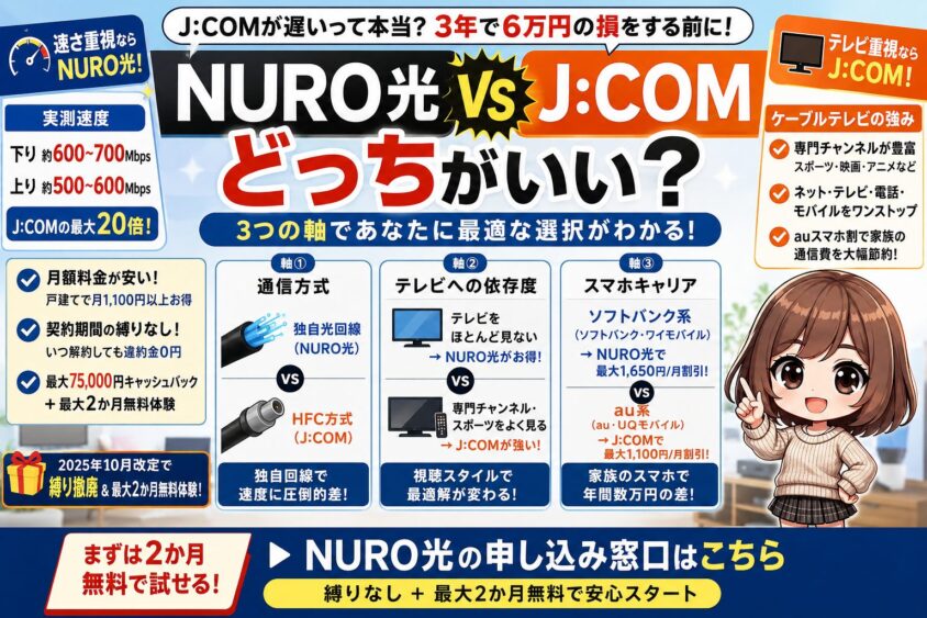 NURO光とJ:COMの速度・料金・テレビサービスを比較し、どちらがおすすめかを解説するアイキャッチ画像