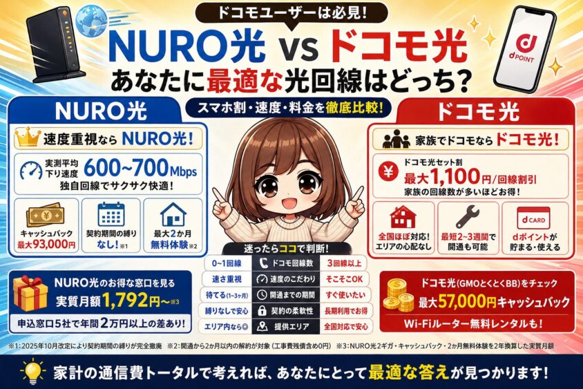 NURO光とドコモ光の料金・速度・スマホ割を比較し、どちらがお得かを解説するアイキャッチ画像