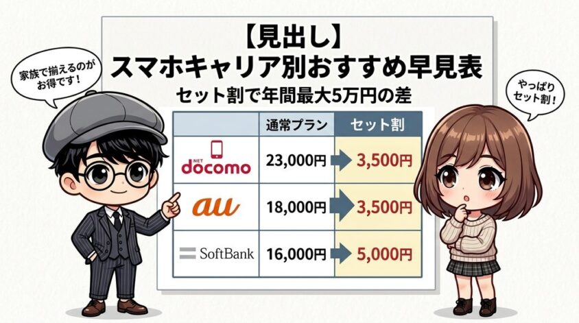 スマホキャリア別おすすめ早見表｜セット割で年間最大5万円の差