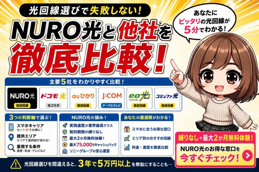 NURO光とドコモ光・auひかり・J:COM・eo光・コミュファ光を比較し、自分に最適な光回線を選ぶための総合ガイドのアイキャッチ画像